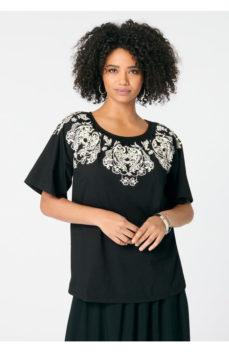 Roaman's Ruffle Printed Tunic, Alternate, color, Black Ivory Paisley