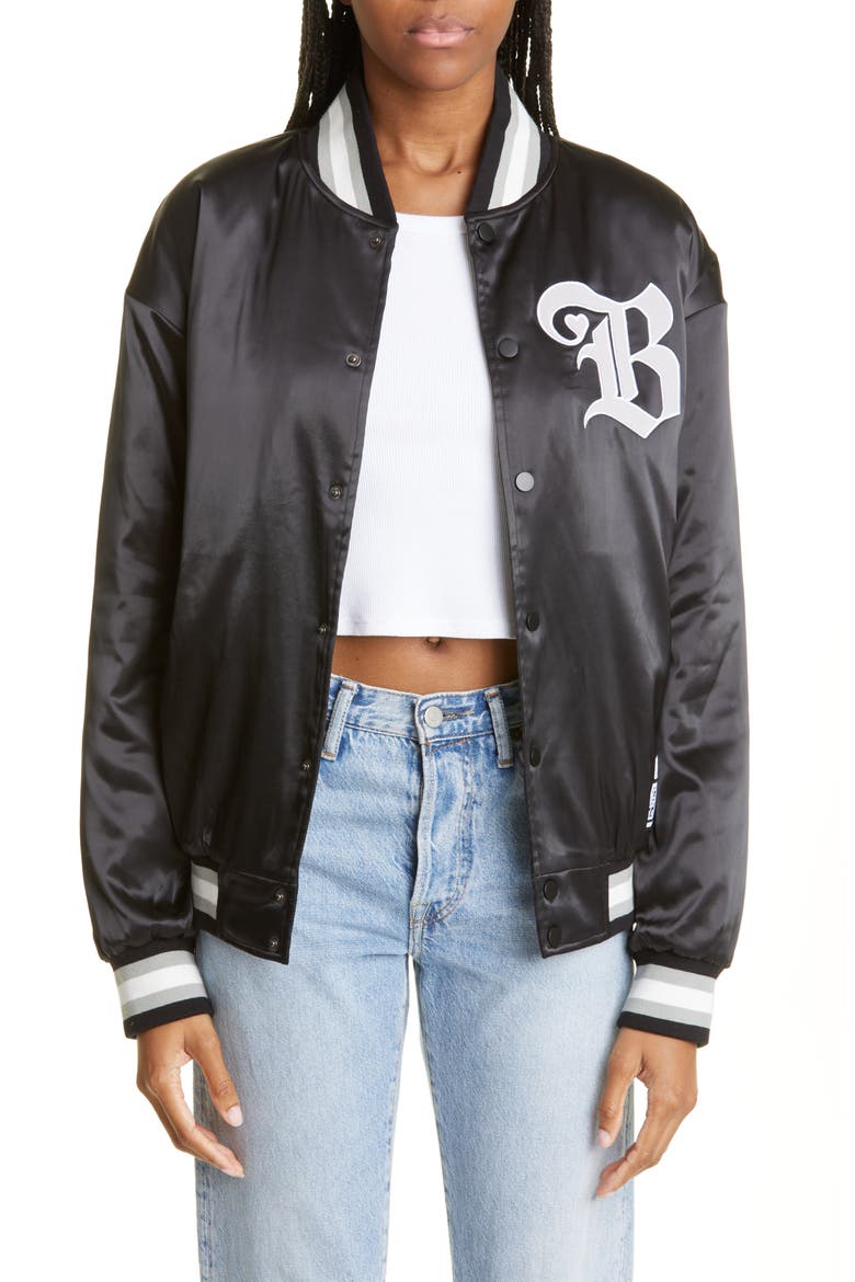 Love Satin Bomber Jacket, Main, color, BLACK
