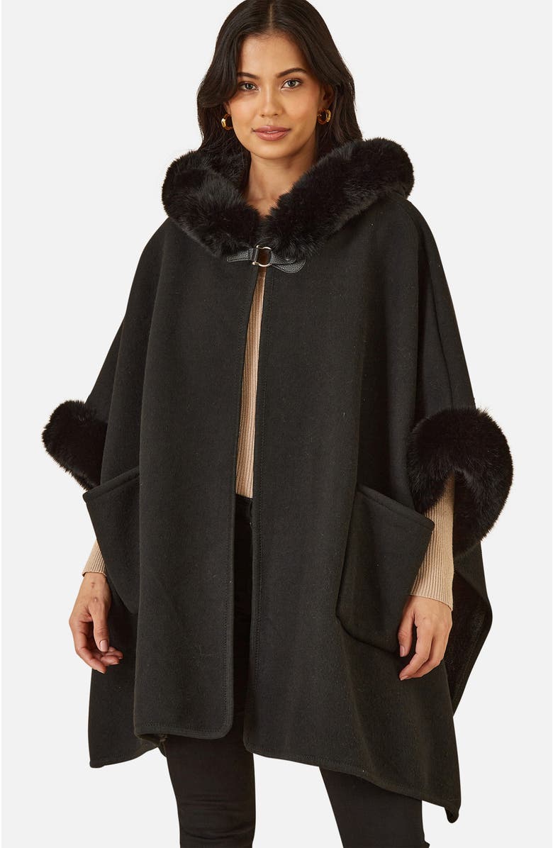 Yumi Hooded Fur Cape Jacket, Main, color, Black