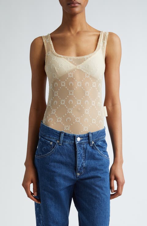 Moonogram Flocked Sheer Mesh Bodysuit