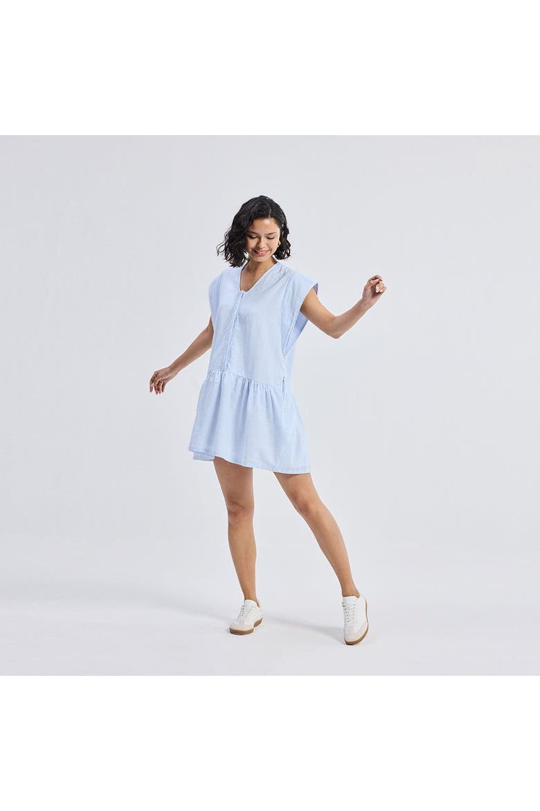 Oversized V neck Short Dress with Frayed Sleeves, Alternate, color, Blue
