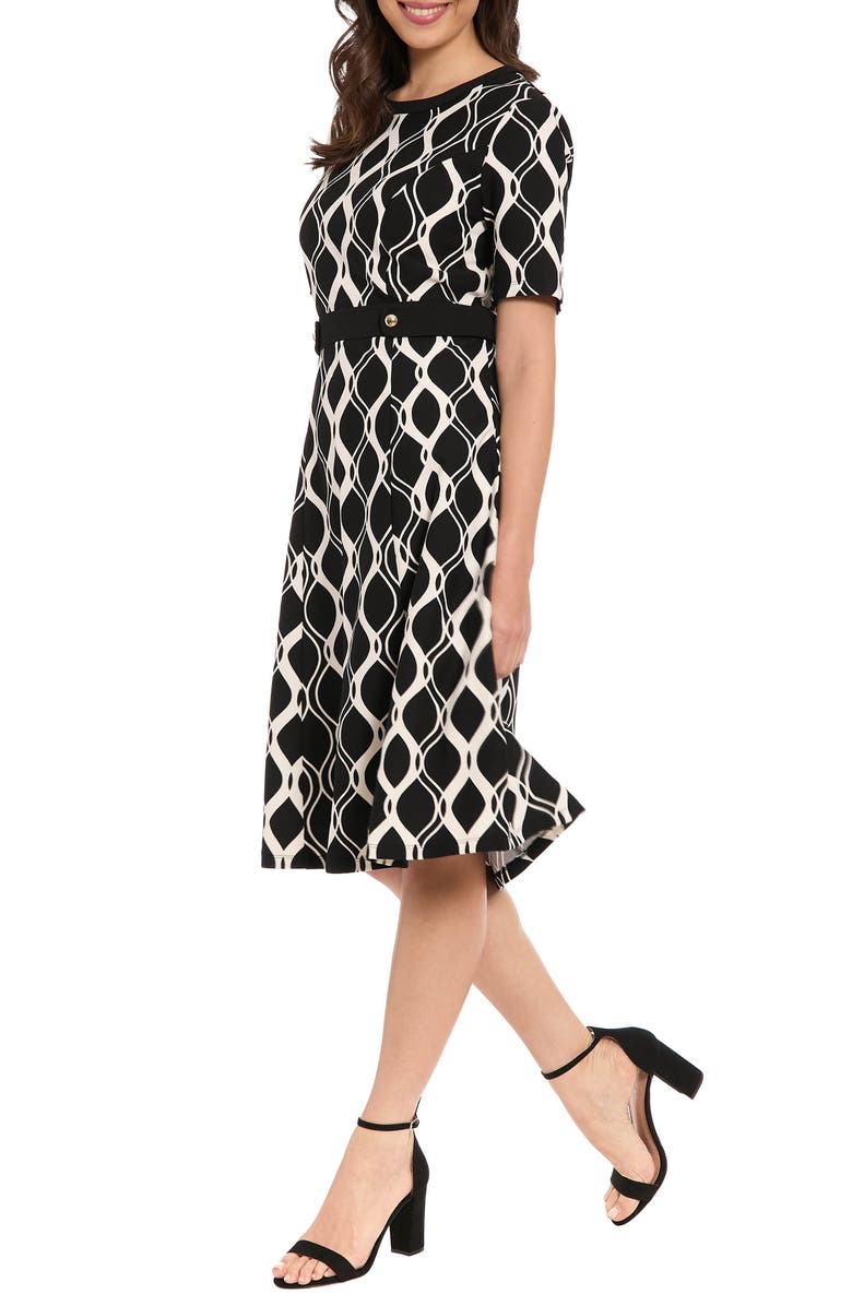 London Times Short Sleeve Side Tab Fit & Flare Dress, Alternate, color, Black/ Ivory