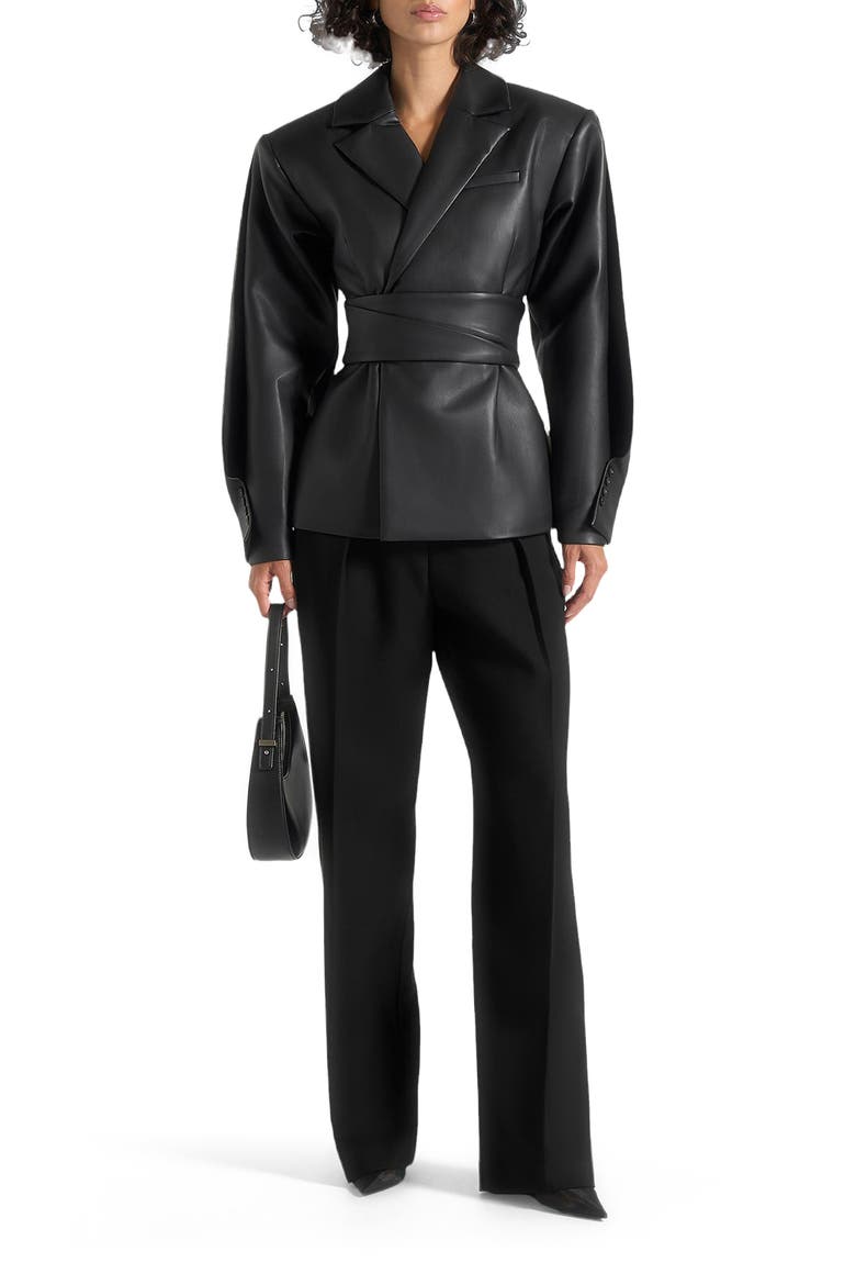Marie Twist Sleeve Leather Blazer with Belt, Alternate, color, Black