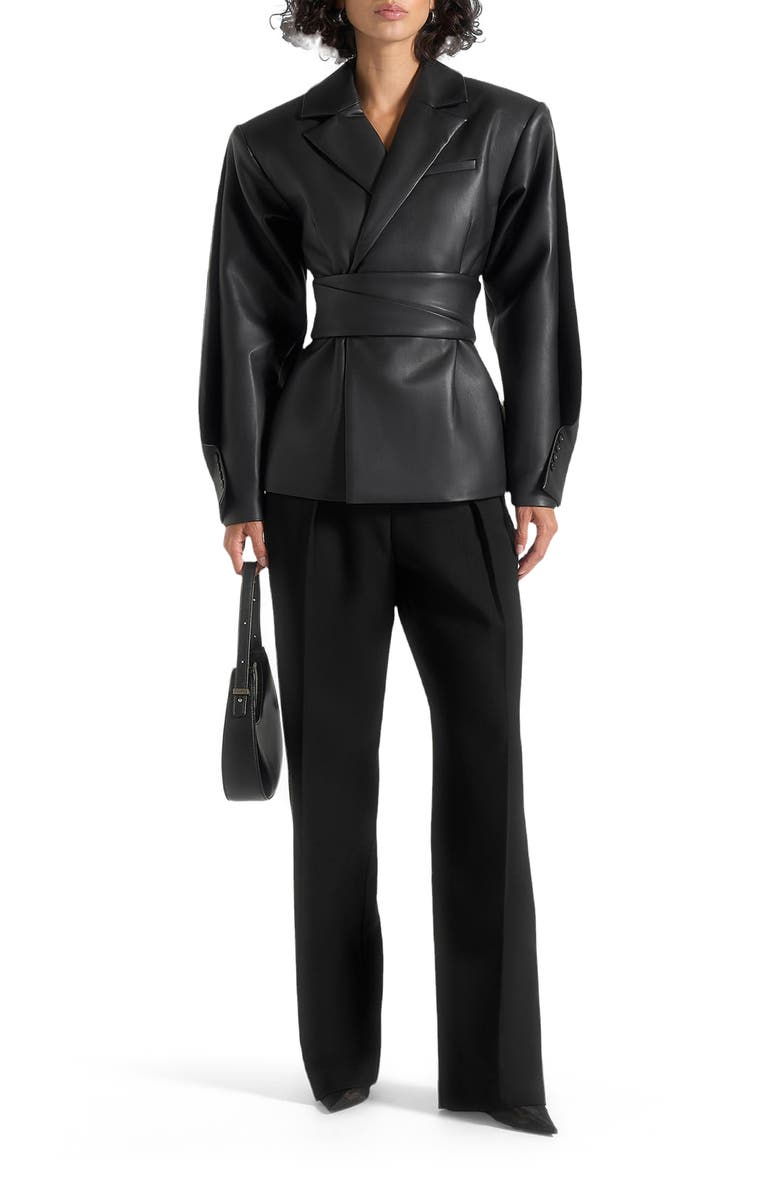 Manière De Voir Marie Twist Sleeve Leather Blazer with Belt, Alternate, color, Black