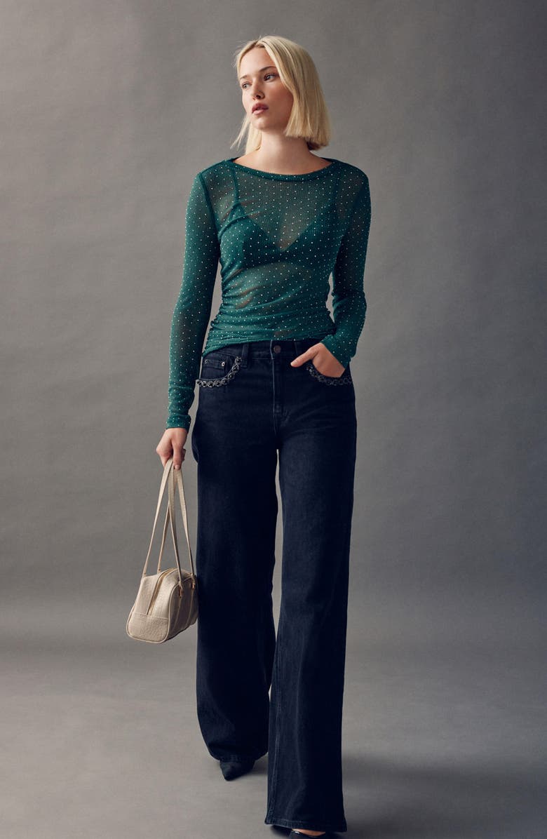 NEXT Ruched Mesh Sparkle Top, Alternate, color, Green