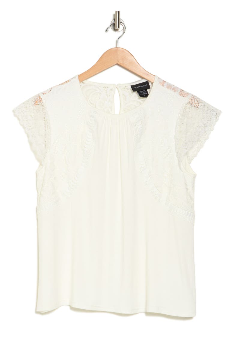 Lace Cap Sleeve Mixed Media Top, Alternate, color, WHITE