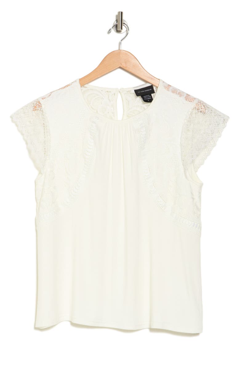 Forgotten Grace Lace Cap Sleeve Mixed Media Top, Alternate, color, White