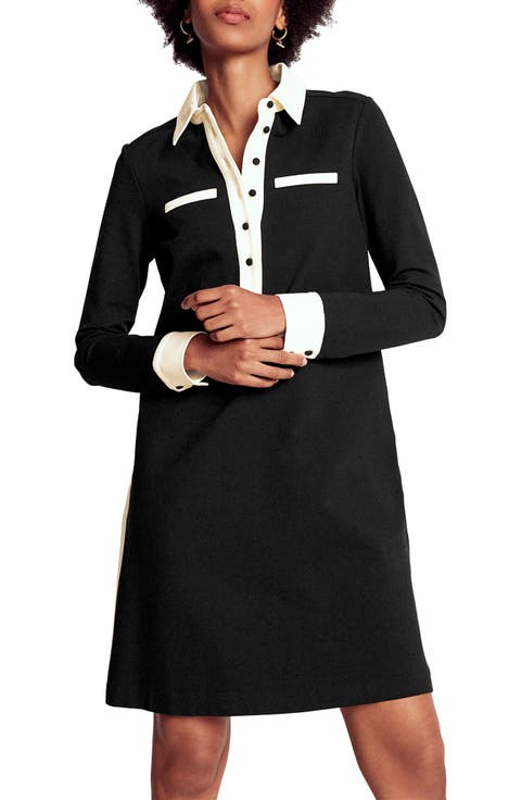 Contrast Placket Long Sleeve Ponte Knit Shirtdress