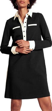 Boden Contrast Placket Long Sleeve Ponte Knit Shirtdress