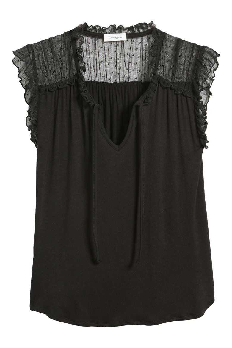 Point d'Esprit Ruffle Knit Top, Alternate, color, BLACK