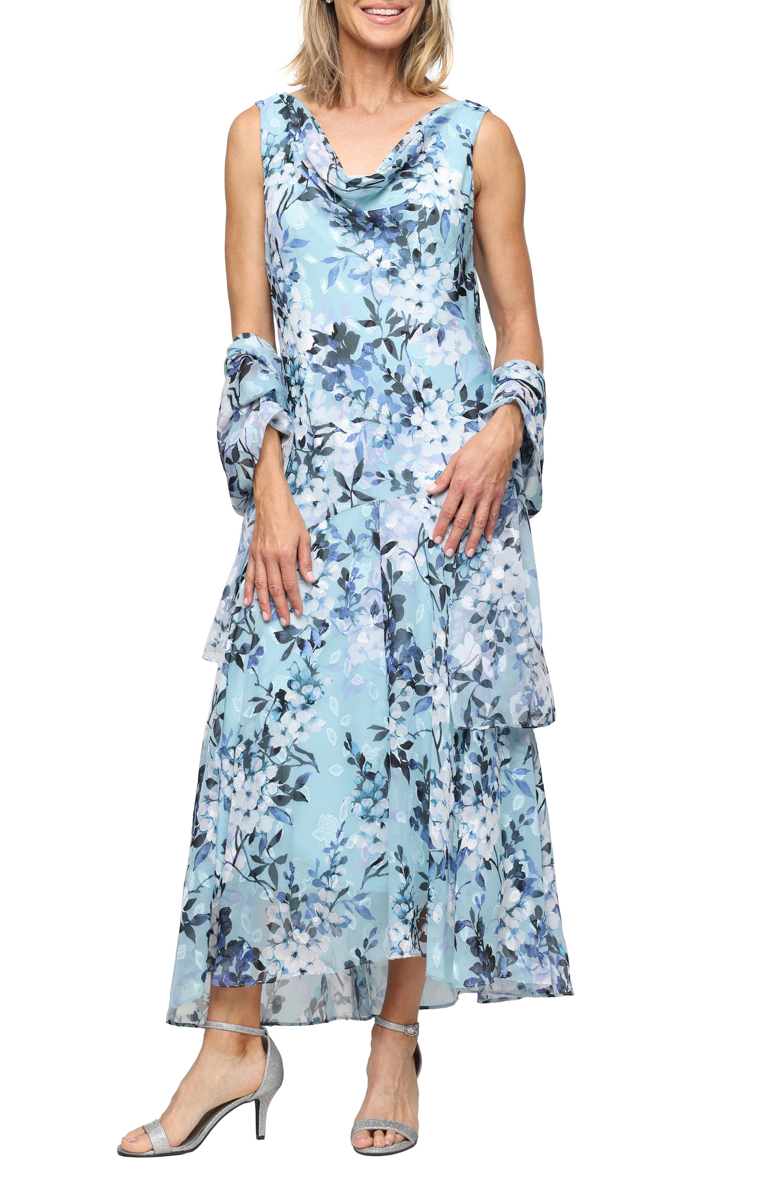 Sleeveless Floral Print Burnout Chiffon Tea-Length Dress - image 1