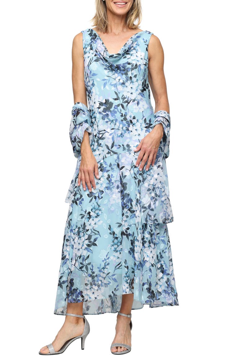 Sleeveless Floral Print Burnout Chiffon Tea-Length Dress, Main, color, SAGE MULTI
