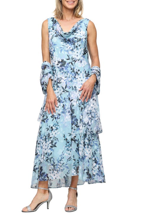 Sleeveless Floral Print Burnout Chiffon Tea-Length Dress