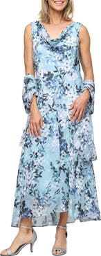 Alex Evenings Sleeveless Floral Print Burnout Chiffon Tea-Length Dress