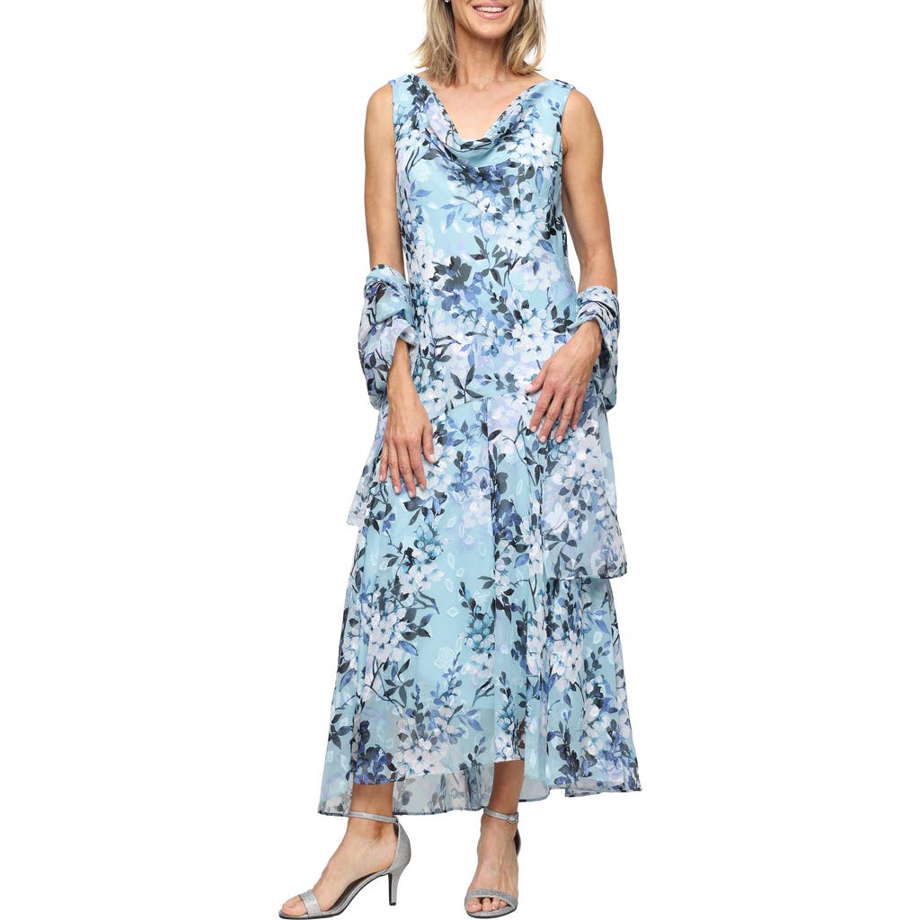 Alex Evenings Sleeveless Floral Print Burnout Chiffon Tea-Length Dress in Sage Multi at Nordstrom, Size 14