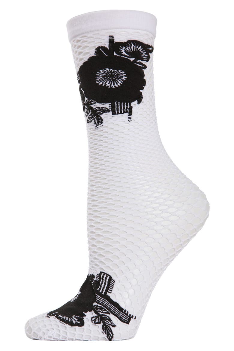 Floral Appliqué Fishnet Crew Socks, Main, color, WHITE