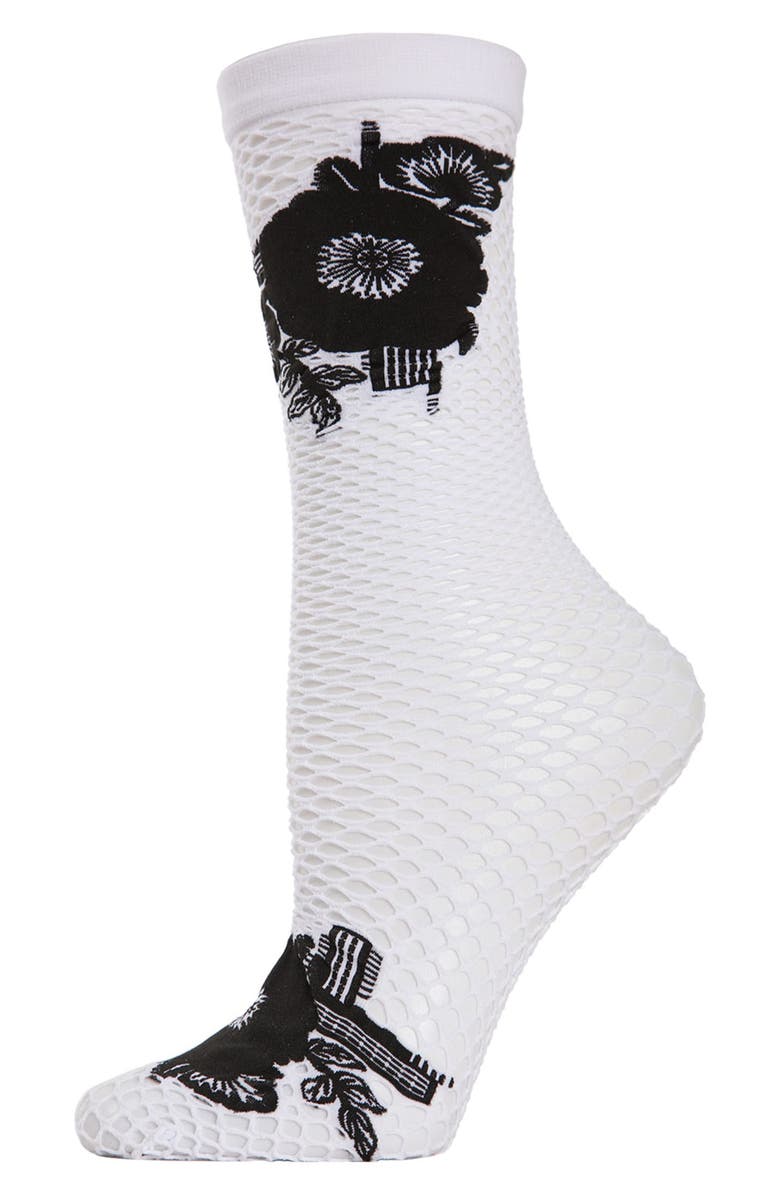 Natori Floral Appliqué Fishnet Crew Socks, Main, color, White
