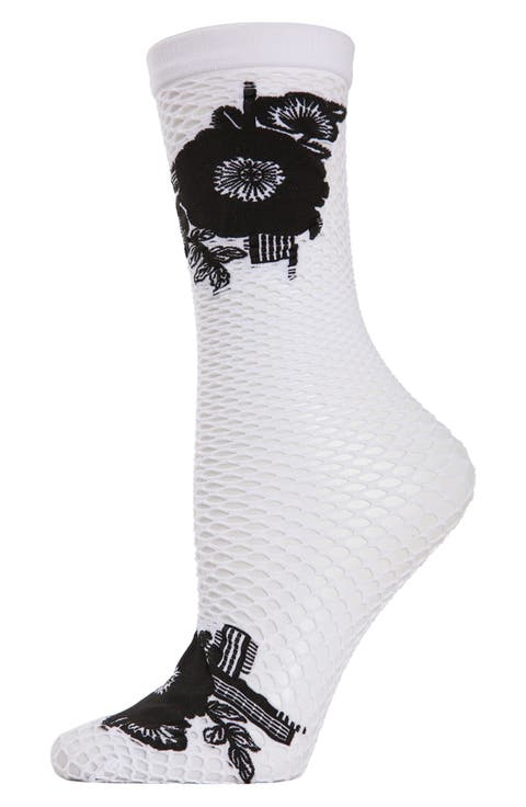 Floral Appliqué Fishnet Crew Socks