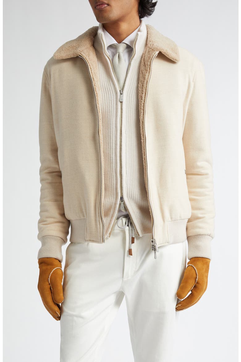 Boiled Wool & Genuine Shearling Bomber Jacket, Main, color, SAND