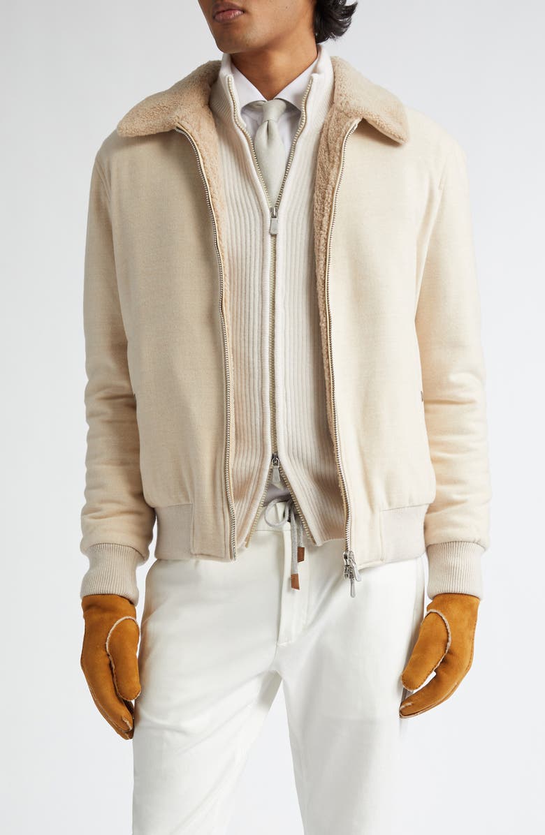 Eleventy Boiled Wool & Genuine Shearling Bomber Jacket, Main, color, Sand