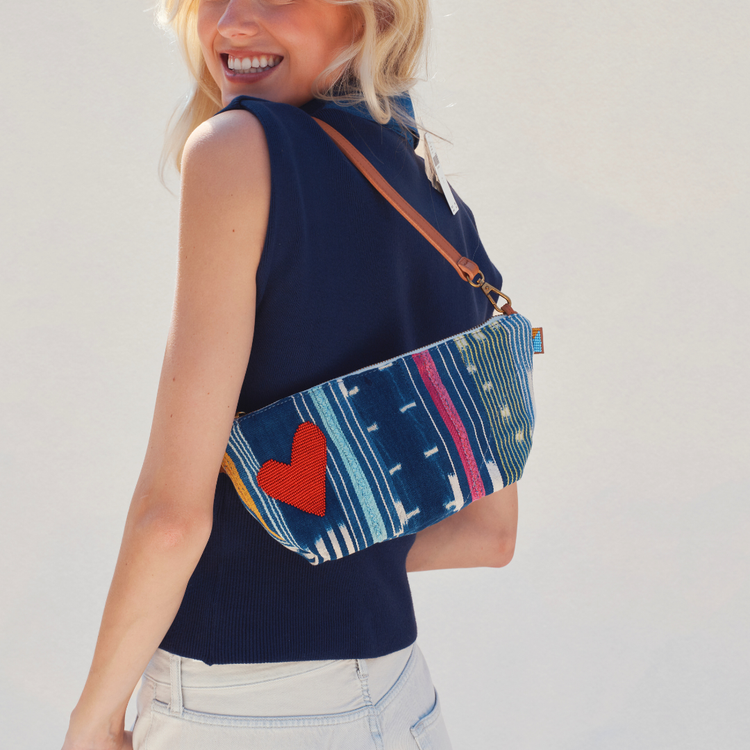 Large Convertible Pouch with Strap - Baule Cloth with Beaded Red Heart, Alternate, color, Red