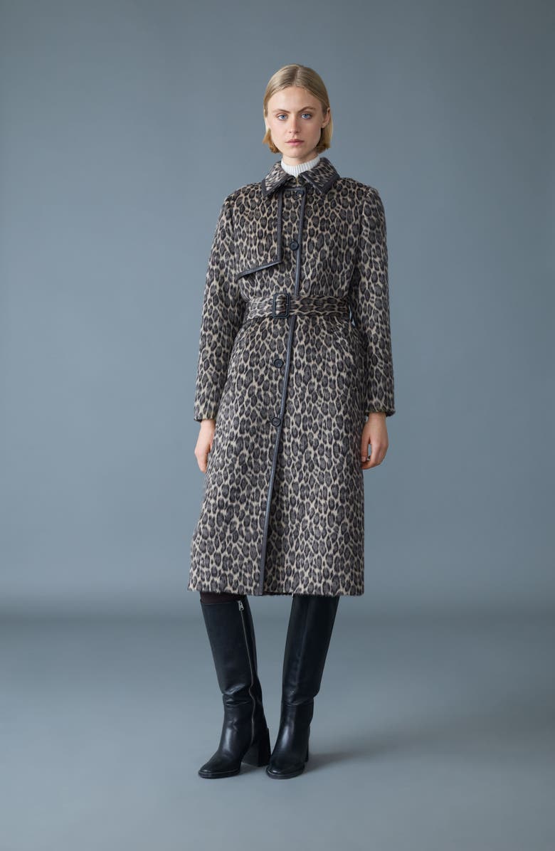 Mackage Zeva-A Leopard Pattern Wool Blend & Leather Trench Coat, Alternate, color,