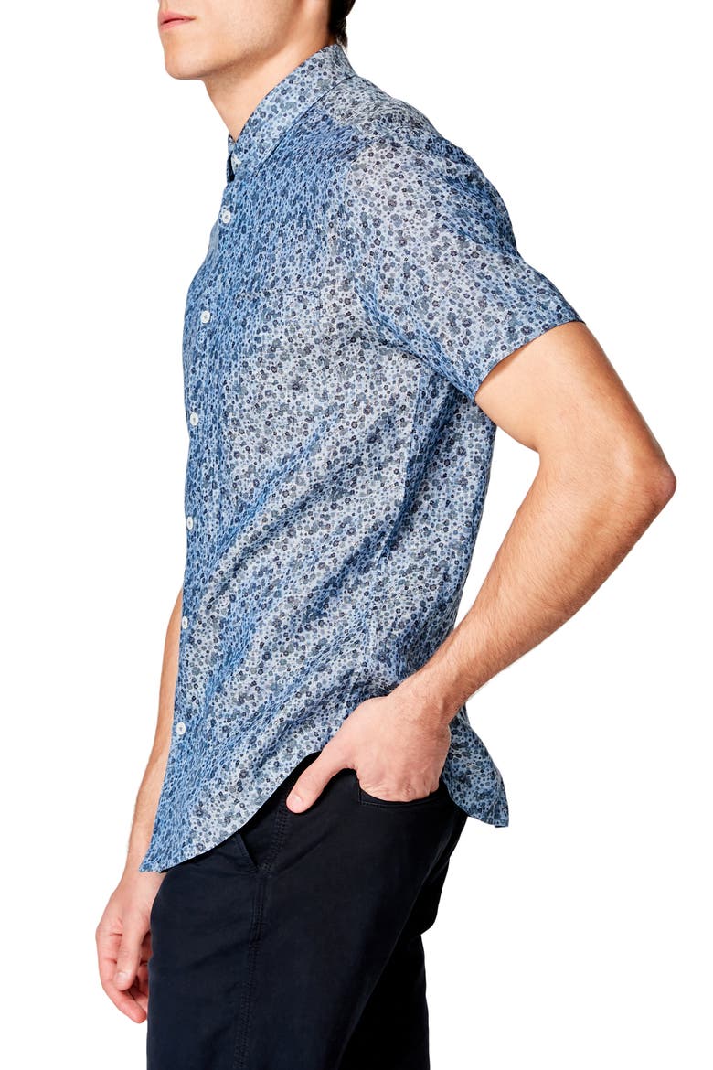 On Point Slim Fit Floral Short Sleeve Linen Button-Up Shirt, Alternate, color, BLUE TOPAZ DAISY PLAY