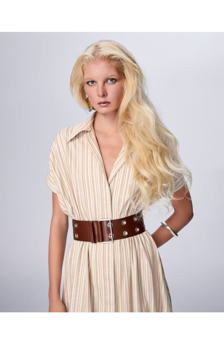 THEO The Label Astraea Lurex Belted Maxi Dress, Alternate, color, Sand