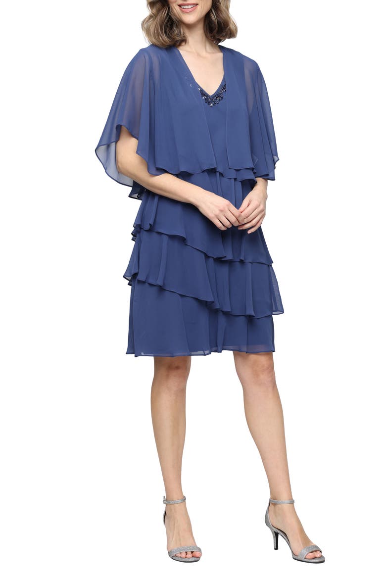 Tiered Ruffle Chiffon Dress with Jacket, Main, color, WEDGEWOOD