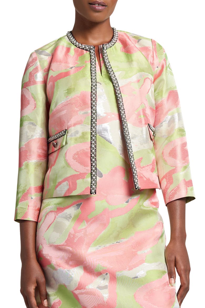 Beaded Abstract Jacquard Jacket, Main, color, FERN/ ORANGE BURST/ LIMESTONE