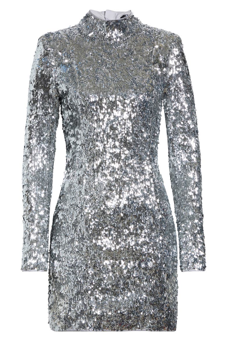 Long Sleeve Sequin Minidress, Main, color, 9FC SILVER