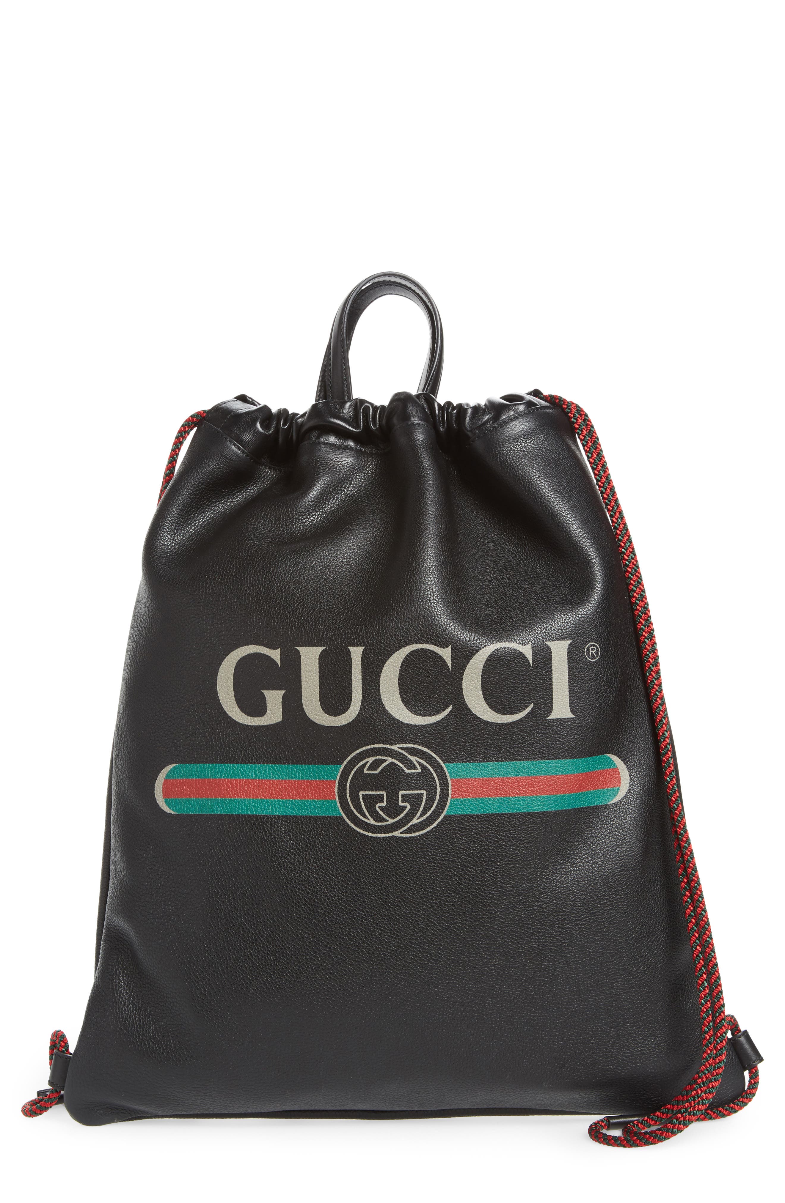 Gucci Logo Leather Drawstring Backpack, Main, color, 