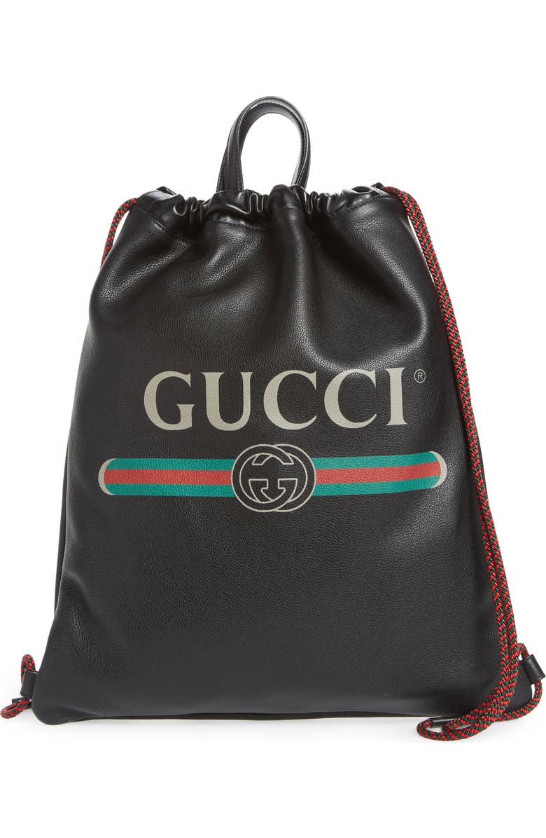Gucci Logo Leather Drawstring Backpack, Main, color,