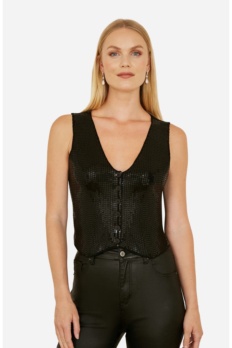 Sleeveless V-Neck Sequin Waistcoat Top, Main, color, Black