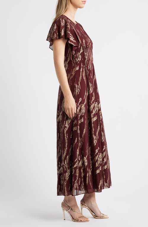 Parker The Rose Metallic Flutter Sleeve Maxi Dress In Burgundy