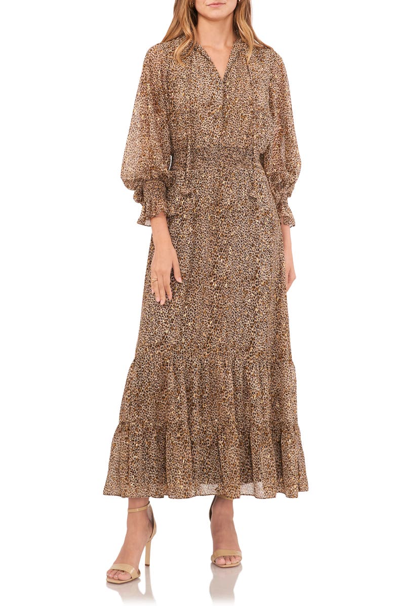 Vince Camuto Metallic Fleck Animal Print Long Sleeve Midi Dress, Main, color,