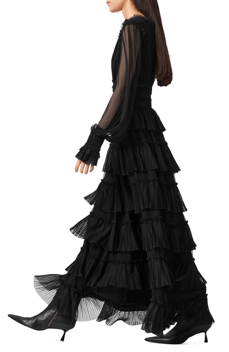 AllSaints Xantara Long Sleeve Tiered Dress, Alternate, color, Black