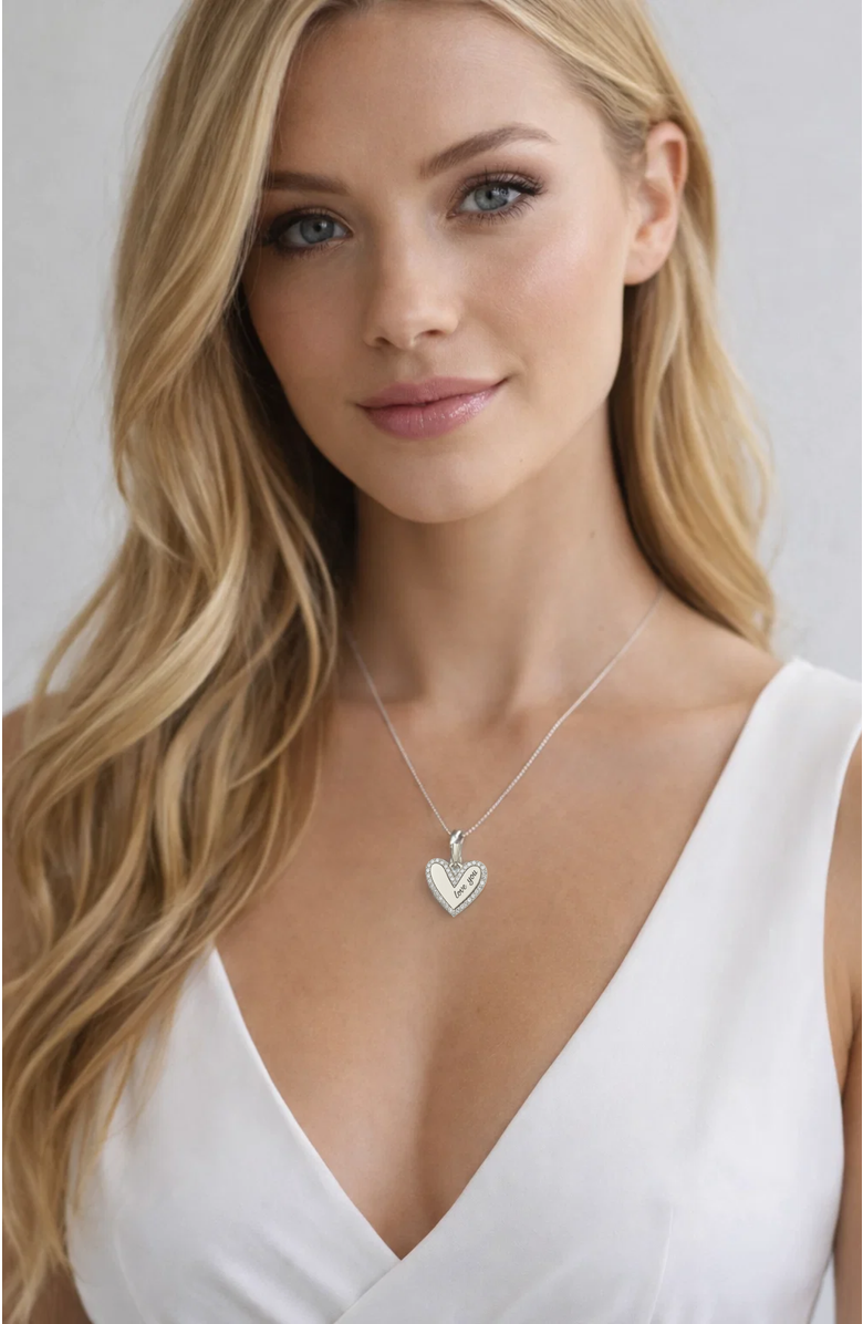 Hollywood Sensation Marina "Love You" Pavé Heart Necklace, Alternate, color, Silver