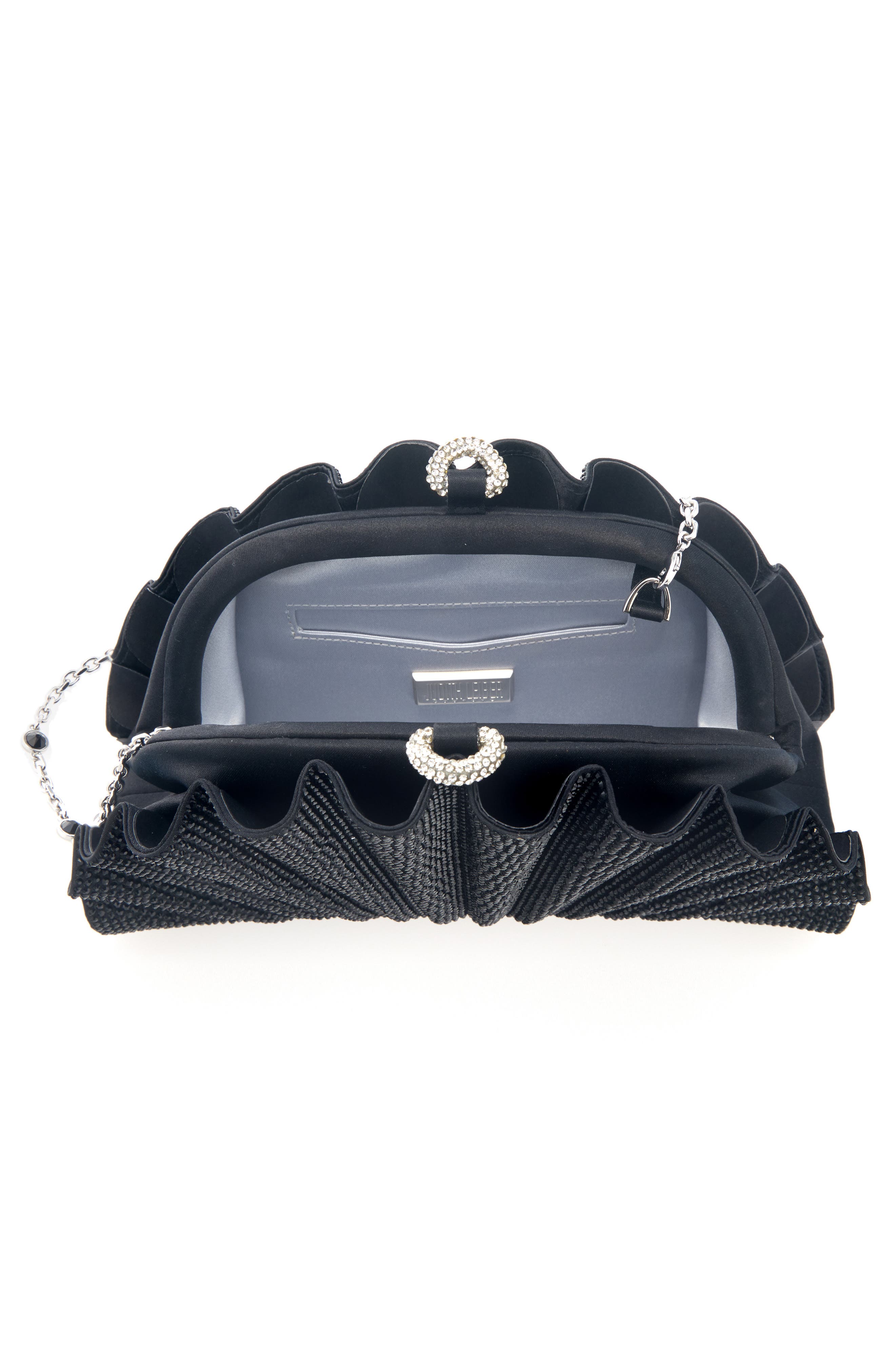 JUDITH LEIBER COUTURE Origami Fan Crystal Embellished Satin Clutch, Alternate, color, Silver Jet