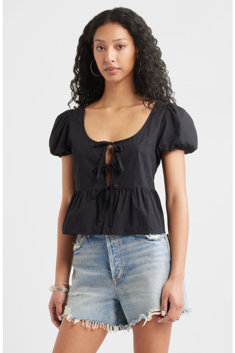 Tie Front Cotton Poplin Top, Main, color, BLACK