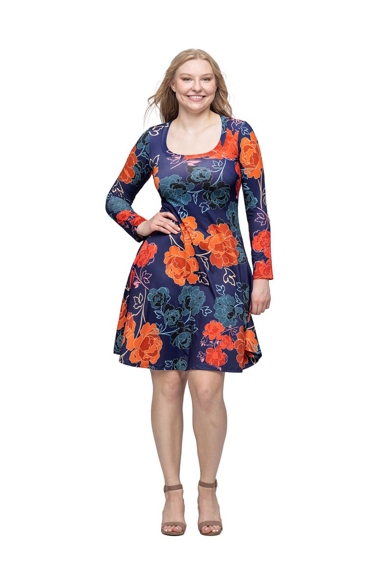 24seven Comfort Apparel Floral Print Long Sleeve Knee Length Dress, Main, color, Navy Multi