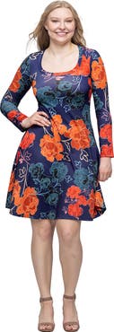 24seven Comfort Apparel Floral Print Long Sleeve Knee Length Dress