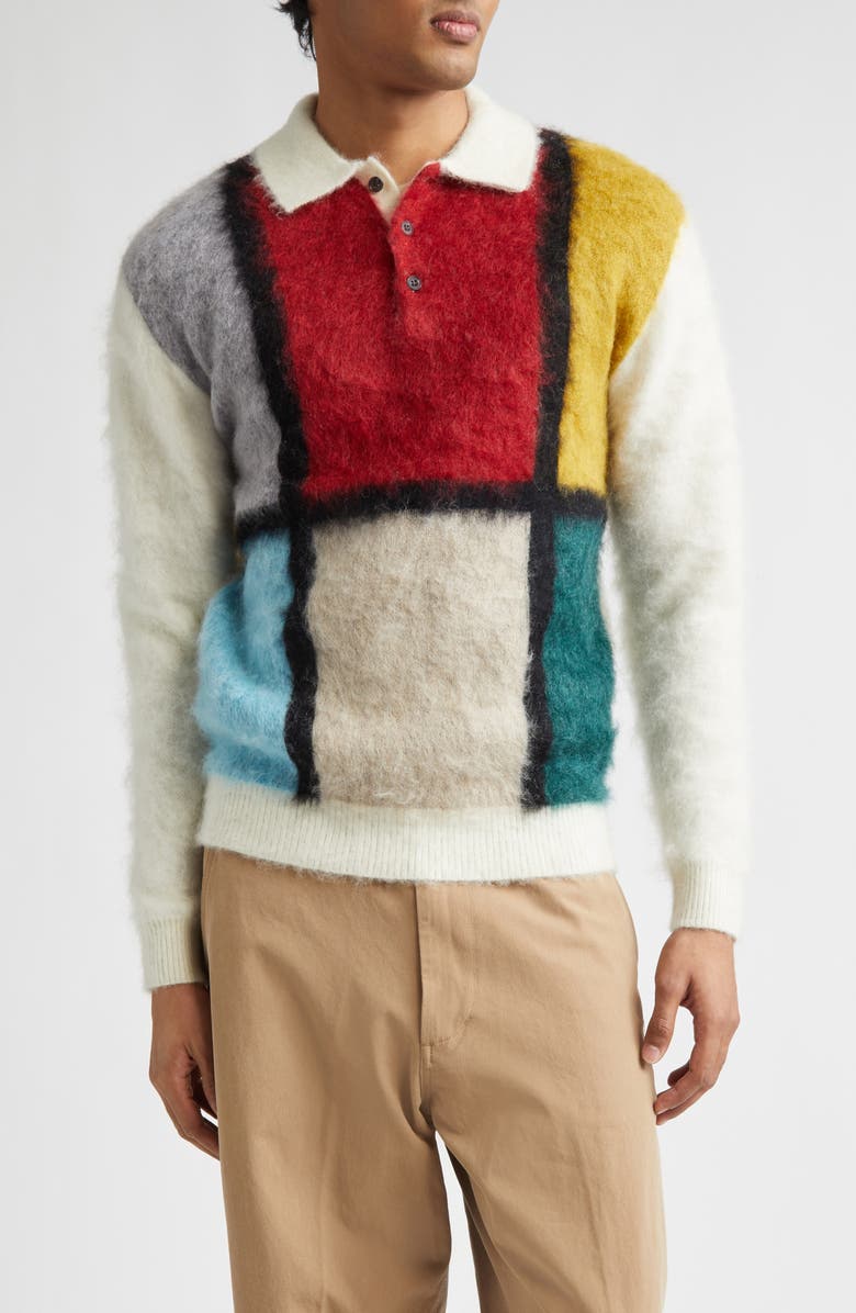 BEAMS Shaggy Wool & Mohair Blend Polo Sweater, Main, color, White