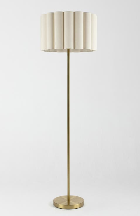 Estelle 65" Polished Brass LED Floor Lamp with Scalloped Ivory Cotton Drum Shade, Bulb Included
