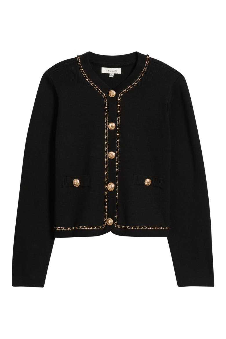 Chain Trimmed Knit Jacket, Alternate, color, BLACK