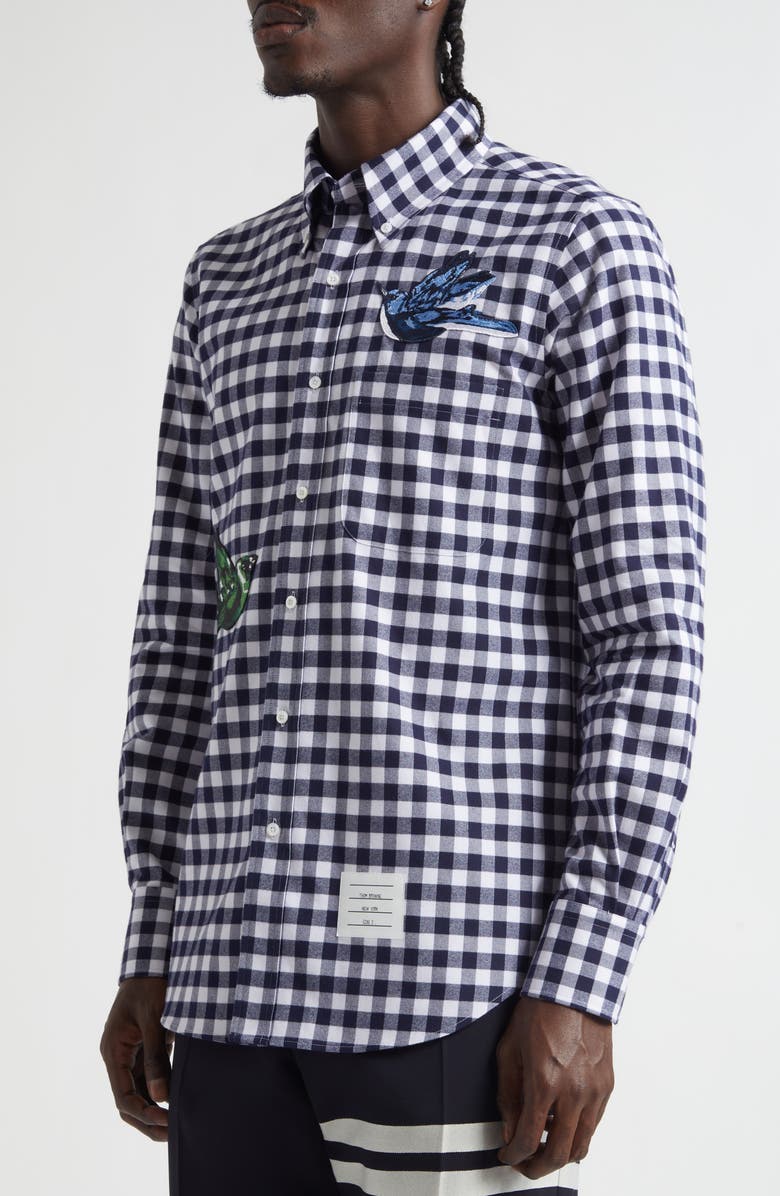 Thom Browne Bird Appliqué Gingham Straight Fit Cotton Flannel Button-Down Shirt, Alternate, color, Navy