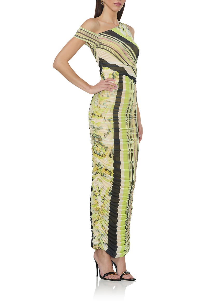 Biona One-Shoulder Ruched Mesh Maxi Dress, Alternate, color, WING STRIPE