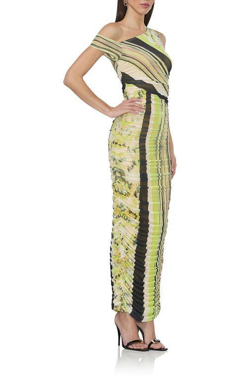 Afrm Biona One-shoulder Ruched Mesh Maxi Dress In Wing Stripe