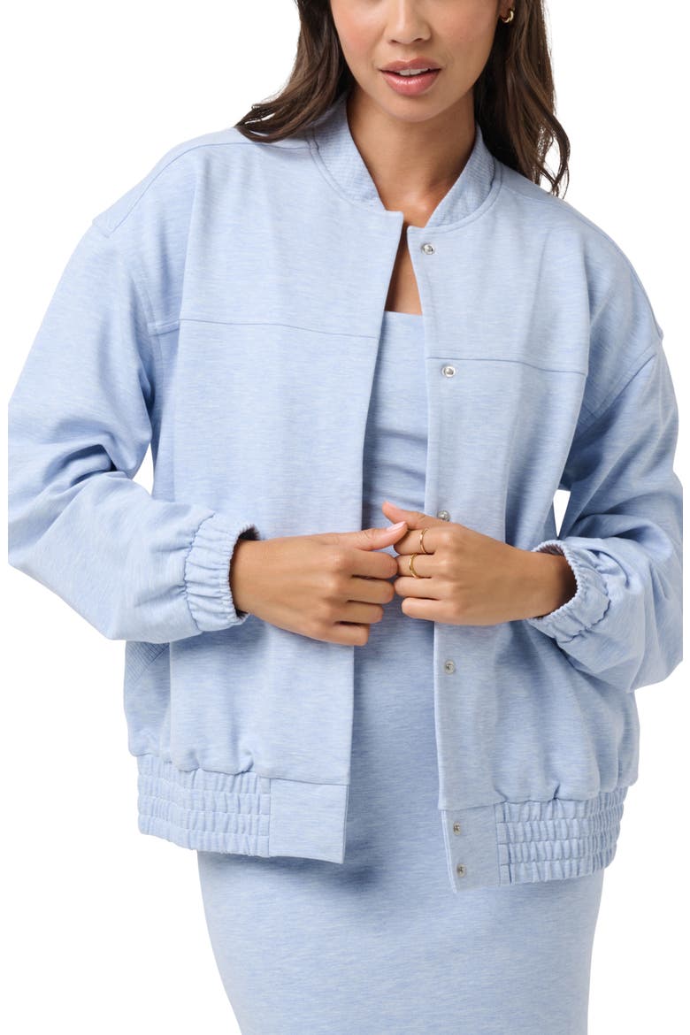 Friday Ponte Bomber Jacket, Main, color, HEATHER BRUNNERA BLUE