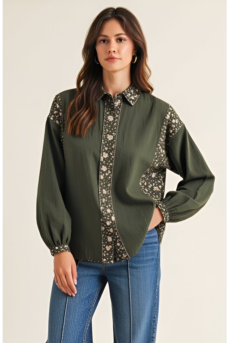 Long Sleeve Floral Print Trim Button Up Shirt, Main, color, Floral Print